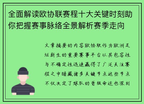 全面解读欧协联赛程十大关键时刻助你把握赛事脉络全景解析赛季走向
