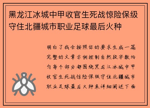 黑龙江冰城中甲收官生死战惊险保级守住北疆城市职业足球最后火种