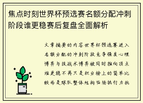 焦点时刻世界杯预选赛名额分配冲刺阶段谁更稳赛后复盘全面解析