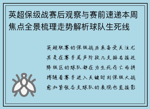 英超保级战赛后观察与赛前速递本周焦点全景梳理走势解析球队生死线